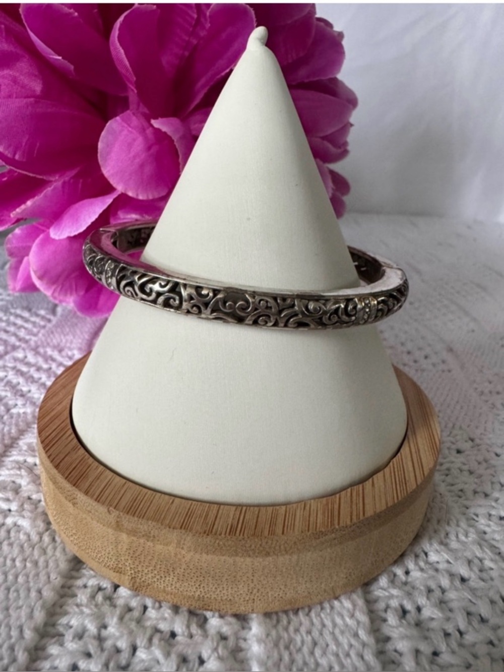 Brighton Viewpoint Hinged Bangle Bracelet Silver Tone Scroll Filigree Retired